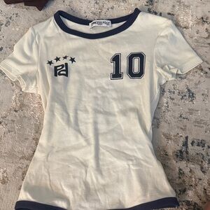 Princess Polly Cream Tee with navy blue  Trim